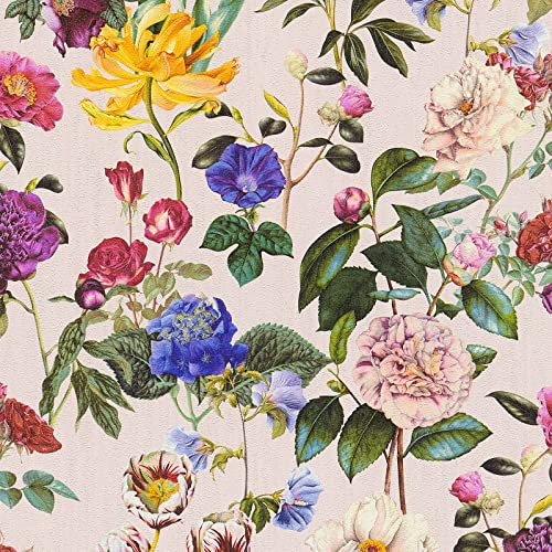 Papier peint anglais multicolore intissé | Tapisserie fleurie multicolore idéale salon | Papier peint grosses fleurs fond rose chambre