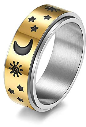 Bishilin Ring Damen Herren Edelstahl, Freundschaftsringe 8MM Spinner Ring Sonne Mond Sterne Partnerringe Frauen Unisex Ringe Gold Silber Personalisiert Große 67 (21.3)