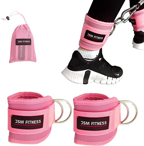 JSM FITNESS Pink Ankle Straps for Cable Machines Women - Ankle Strap for Glute Kickbacks, Leg Extensions & Cable Kick Back - Gym Ankle Strap Cable Attachment with D-Rings & Padded Neoprene