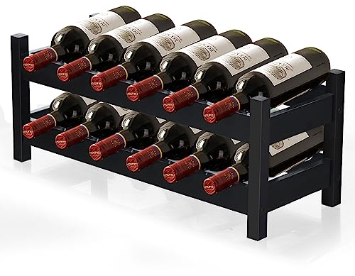 KOMFOTTEU Portabottiglie in bambù per un massimo di 12 bottiglie, scaffale per vino da tavolo con 2 livelli, portabottiglie per banconi, dispense, cucina, 62 x 24 x 25 cm