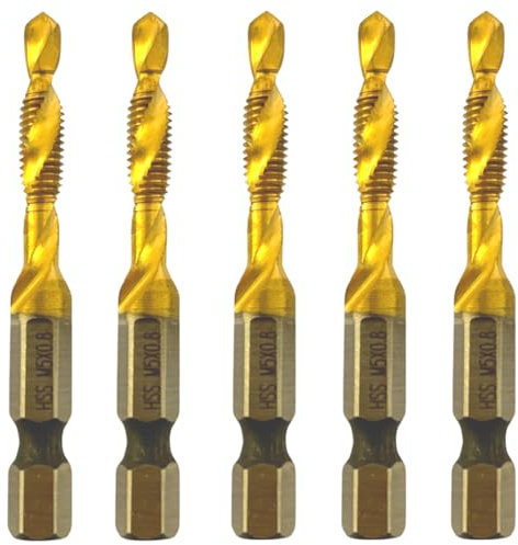 Rennie Tools - Pack Of 5 - M5 x 0.8 Combination Drill and Tap Bit, 1/4 Hex Shank. Metric Coarse Titanium Coated HSS Spiral Flute Drilling Tapping Tool. 5mm x 0.8mm Pitch Drill Bit.