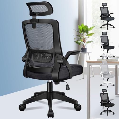ALFORDSON Chaise de Bureau avec Support Lombaire pour Bureau à Domicile, Chaises D'ordinateur en Maille avec Appui-Tête, Accoudoir Rabattable, Chaise de Bureau Pivotante Inclinable, Noir