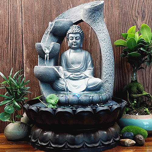 DSYOGX Fontaine d'intérieur Bouddha - Cascade - Fontaine de jardin - Avec éclairage LED - Pour la maison et le bureau - 21 x 21 x 28 cm
