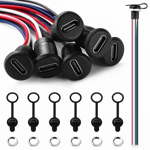 KUOQIY 6-Pack USB C Soldering Panel Mount Cables, 3A 5-Wire USB-C, 5-Pin Type-C Power Jack, 150mm 24 AWG, Dust Covers & Nuts