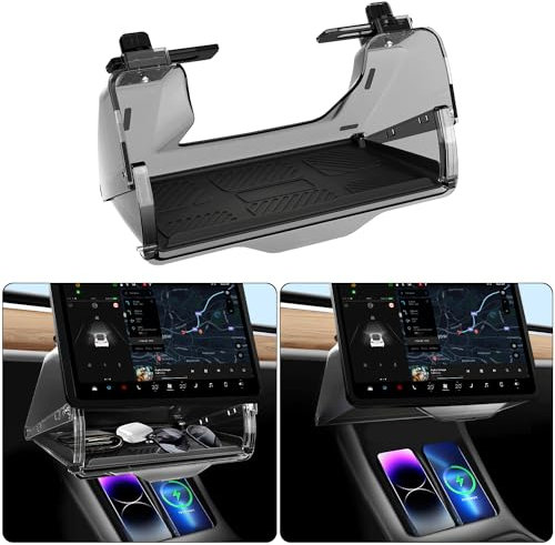 New Upgrade Hideable Under Screen Storage for Tesla Model Y/3 2016-2024, Knob Locking Center Console Organizer Tray with Anti-slip Pad , Sunglass Card Holder, Model Y Model 3 Interior Accessories