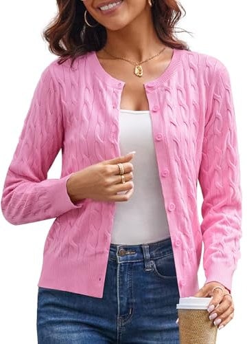 GRACE KARIN Women's Long Sleeve Button Down Cable Knit Cardigan Lightweight Crewneck Button Sweater Jacket for Women, Pink, XL