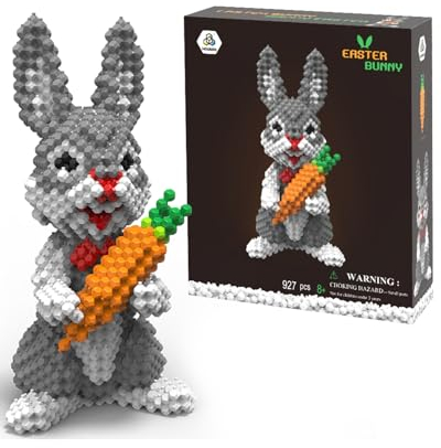 LONESTAR Spezial Klemmbausteine Hase mit Möhre 3D 927 Teile, Kadele Blocks Serie, Mikrobausteine DIY Set mit Sortierbox, stabiles Bauprojekt aus ABS Kunststoff, kreative Osterdeko in Grau und Weiß