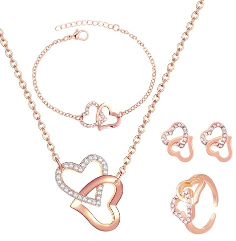 APMGONT Heart Stud Earrings Heart Pendant Necklaces Love Bracelets Ring Jewellery Set Adjustable Infinity Eternity Love Choker Necklaces Bracelet Gifts for Women Girls (Rose Gold)