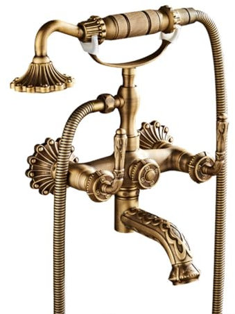 Robinet De Baignoire Robinet Douche Mural Retro Traditionnel Style Laiton Double Poignée Mitigeur De Baignoire Avec Douchette Et Flexible De Douche (150cm), Robinet De Salle De Bain, Bronze