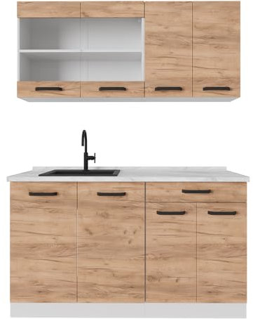 Vicco Singleküche R-Line, Küchenzeile Single, Goldkraft Eiche/Weiß, 140 cm AP Marmor