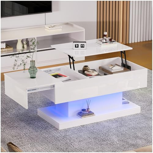Sapgaks Haute Brillance Table Basse Salon avec éclairage LED, Table Basse relevable 100x50x45cm avec Espace de Rangement,avec Plateau Semi-soulèveable et Design Coulissant latéralement,Blanc
