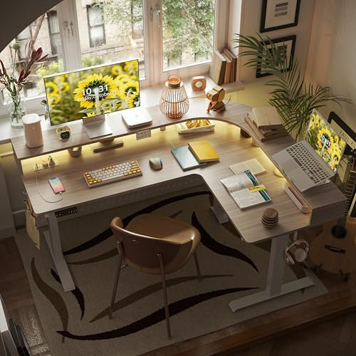 FEZIBO Triple Motor L Shaped Stadning Desk with LED Strip & Power Outrlets,160 cm Height Adjustable Stand up Corner Desk with Ergonomic Monitor Stand, White Frame/Light Walnut Top