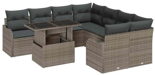 vidaXL 9-teiliges Garten-Sofa-Set in Grau aus Poly Rattan mit Kissen | Modulare Outdoor-Couch für 6 Personen. Bequeme, wetterfeste Sitzmöbel für Balkon und Terrasse, inklusive Aufbewahrungstisch.