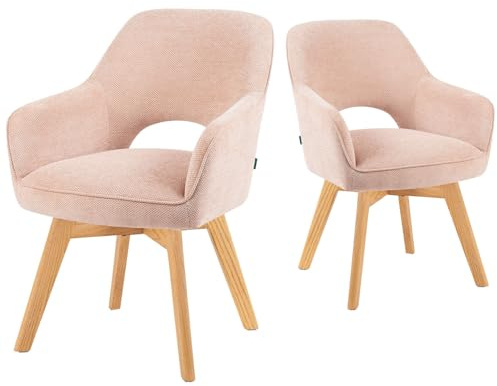 DUBI Möbel Esszimmerstühle 2er Set 360° drehbar mit Taschenfederkern, hoher Sitzkomfort, bis 150 kg belastbar, abriebfester Stoff Rosa, Eiche Massivholzgestell geölt (Natur), Mika-Mara