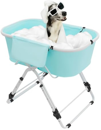 MEELRYD Hundebadewanne, Erhöhte Haustierbadewanne, 70-100cm Höhenverstellung, Zusammenklappbare Hunde mit Entwässerungsrohr, für kleine bis mittelgroße Hunde und Katzen max. bis 68KG