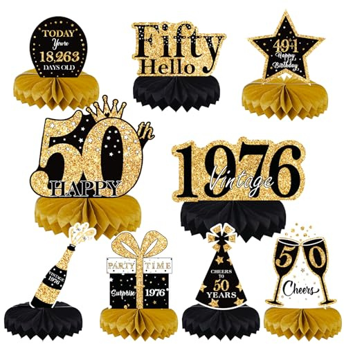 9 Stück 50. Geburtstag Tischdeko, Schwarz Gold 50 Geburtstag Deko für Männer und Frauen, 1976 Bienenwabe Happy Birthday Tischdeko Bienenwaben Deko, Tisch Deko für 50. Geburtstagsfeier