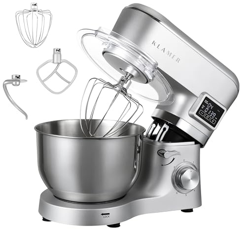 KLAMER Classic Küchenmaschine 1400 W mit 5,5 L Edelstahlschüssel | Knetmaschine mit planetarischem Rührwerk verarbeitet schwere Brotteige mühelos, arbeitet gleichmäßig mit Fermentierfunktion