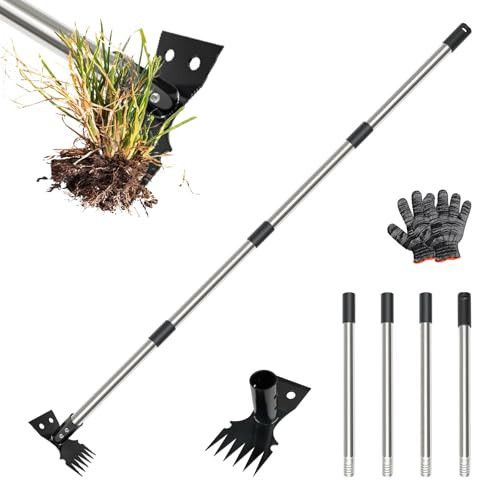 Gotrain Unkrautentferner mit langem Griff, 146 cm, 2-in-1 manueller Unkrautrechen und Gartenhacke, Unkrautjätwerkzeuge für Hof, Rasen, Terrasse, Garten, verstellbare Länge 39 cm, 74 cm, 109 cm, 146 cm