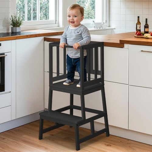 COSYLAND Lernturm ab 1 Jahr, Montessori Learning Tower für Kinder | Sicherer Kinder Lernturm ab 2 Jahre, Stabiler Toddler Tower, Mattschwarz