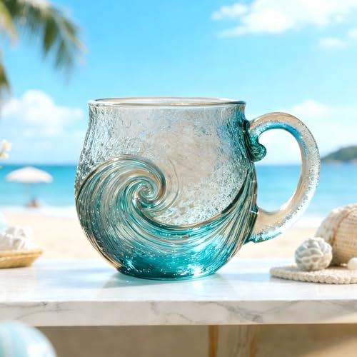CelestiMingle Sea-Glass-Wellenbecher 350 ml, handgeblasene Glas-Kaffeetasse mit Henkel, mattiertes Meereswellen-Design für Kaffee, Tee & Wein, Geschenk für Strand- & Ozeanliebhaber (B)