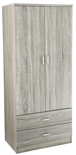 MA MAISON Armadio 2 Ante e 2 Cassetti - Struttura in Legno Truciolare, Guardaroba, Moderno, Asta Appendiabiti, con Maniglie, Spazioso, Organizzatore Vestiti - 80 x 52 x 190 cm (Olmo)