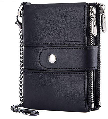 Portefeuille pour Homme en Cuir véritable Souple avec Blocage RFID et chaîne, Double Fermeture éclair, Porte-Cartes pour Homme avec Poche pour Monnaie et 16 emplacements pour Cartes (Noir)