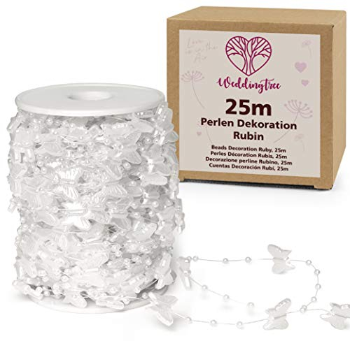 WeddingTree 25m Perlengirlande weiss - Perlenband für Hochzeits- und Partydeko Geburtstag Taufe Weihnachten - Tischdeko Hochzeit - Perlendraht mit Perlen - Kristall Kette Deko