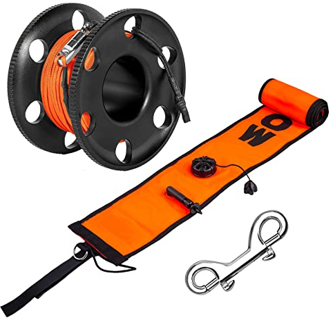 Taucher-Oberflächenmarkierungsboje (SMB), Signalrohr-Sicherheitswurst mit 30 m großer Fingerspule aus Aluminium und doppelseitigem Hakenclip für Unterwasser, Tauchen, orange, SMB + schwarze Spule)