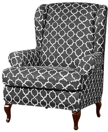 Highdi 2-Teilig Ohrensessel Bezug, Stretch Sesselüberwürfe Modern Palmblatt-Druck Elastisch Sesselhusse Husse für Ohrensessel Relaxsessel Fernsehsessel mit Armlehne (Grau)