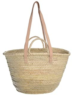 Afrikan Bags - Bolso Capazo de Palma | Bolso de Palma de Base Oval con Asa de Cuero Redonda en Cuero Claro - 55 x 23 x 30 cm
