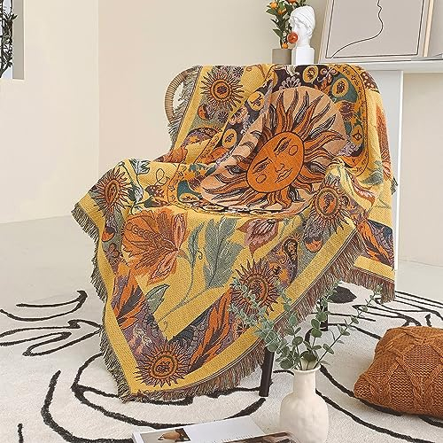 Shesyuki Boho Wurf Decke Reversible Baumwolle Bohemian Tapestry Hippie Raum Dekor Teppich Stuhl Couch Sofa Abdeckung Outdoor Decke Doppelseitig (National Sun Pattern Yellow 50x60)