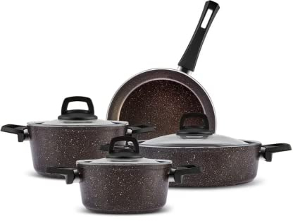 Karaca Juego de ollas y sartenes de granito negro y dorado antiadherente con tapas, juego de utensilios de cocina de inducción - 7 piezas