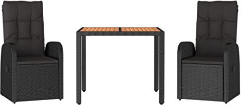 vidaXL Garten Essgruppe 3-TLG., Gartenmöbel Set mit Kissen, Gartengarnitur Tisch 2 Stühle, Sitzgruppe Gartenset Modulares Design, Schwarz Poly Rattan