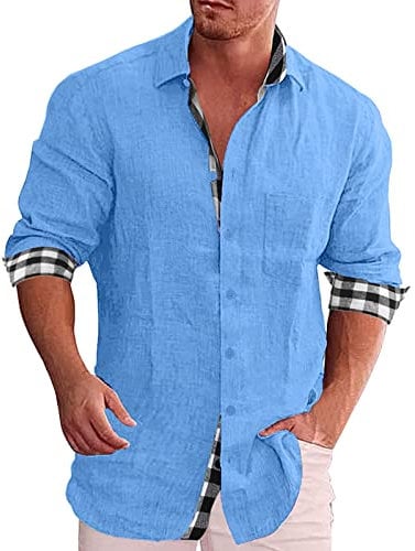 Men's Shirts Cuffs Men's Daily Cotton Linen Shirt Long Sleeve Hippie Casual Beach T-Shirts with Button Blouse Checked Shirt Men, blue, L