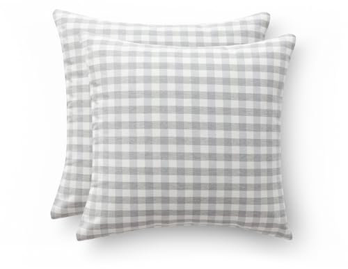 GAMUSI Set mit 2 Kissenbezügen Vichy kariert, 45 x 45 cm, dekorativ, Sofa, mit Reißverschluss, Baumwolle, atmungsaktiv und weich, Hellgrau