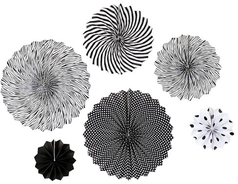 Paper Fan Decorations, Black Pom Poms Paper Fans Paper Flowers Decorations Fan Paper, 6PCS Wall Hanging Decoration Paper Decorations Hanging for Wedding Festival Infant Baptism, Black White