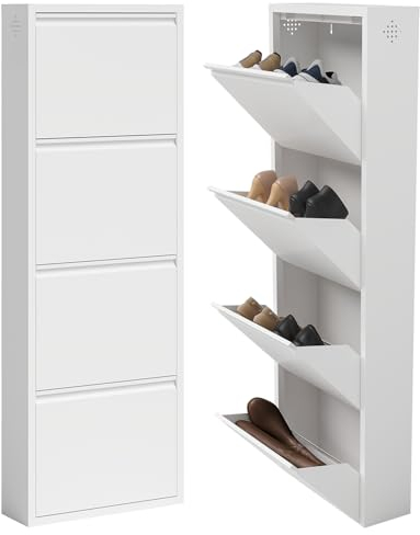 STEELSØN Schuhschrank Metall Astrion, Schuhregal schmal und platzsparend, Schuhkipper mit 4 Fächern, Schuhschrank weiß hoch,Maße 136x15x50 cm