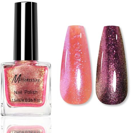 Holographic Nail Polish - Coral Glitter Chameleon Nail Varnish - Pink Mixed Orange Shimmer Laser Nail Polish Quick Dry - No Need UV Long Lasting DIY Manicure Nail Art at Home