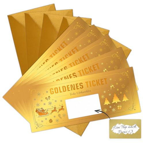 WenmthG 5 STK Goldenes Ticket Weihnachten Geschenk - Gutschein zum selber ausfüllen mit Rubbelaufkleber - Geschenke für Frauen Weihnachten - Weihnachtskarten mit Umschlag set - Frohe Weihnachten