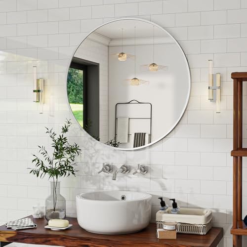 BEAUTYPEAK 76 cm Runder Spiegel in Silber, Rund Dekorativer Wandspiegel mit Aluminiumrahmen, Bruchsicherer Badezimmer Spiegel zum Aufhängen und Anlehnen, Wandspiegel für Schlafzimmer, Bad, Wohnzimmer