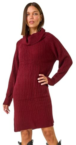 Roman Roll Neck Knitted Jumper Dress for Women UK - Ladies Autumn Everyday Winter Holiday Cowl Neckline Comfy Long Sleeve Soft Rib Detail Frock Desk to Dinner Gowns - Wine - Size 16