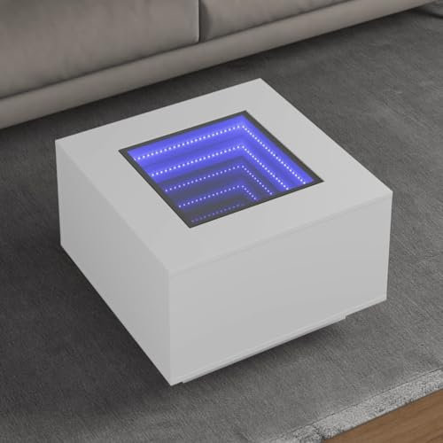 Myheimly LED Couchtisch, Beistelltisch mit LED-Infinity-Spiegel, Kaffeetisch Sofatisch für Wohnzimmer, Wohnzimmertisch,Holzwerkstoff Couchtisch Weiß,60 x 60 x 40 cm