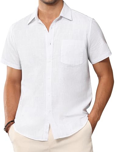 siliteelon Mens Linen Shirts Short Sleeve Summer Shirt Regular Fit Casual Cotton Holiday Beach Tops with Pocket White M