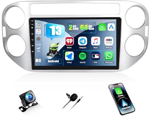 2G+64G CAMECHO Android 13 para VW Tiguan (2010-2017) con Navi Carplay Android Auto, 9 Pulgadas Pantalla Doble DIN autoradio con Bluetooth FM RDS+cámara Trasera