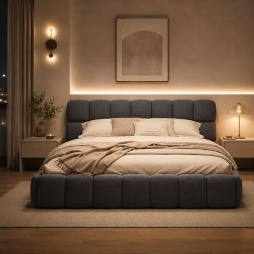 DAHUEN Polsterbett 160x200 mit Lattenrost, Doppelbett, Bubble Bett, mit Gepolstertes Kopfteil, Baumwoll- und Leinenmaterial, Tatami-Stil, Für Erwachsene und Jugendliche (Grau, 160x200 cm)