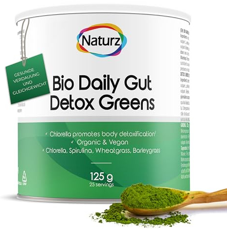 Naturz Bio Daily Gut Detox Greens | Mix superfood verde bio: erba di grano, erba d'orzo, spirulina, clorella e lucuma - vegan, senza glutine, 25 porzioni