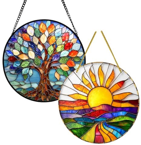 SurPse 2 Pcs Stained Glass Suncatcher, Tree of Life Ornament and Sun Design, Window Hanging Decor for Home and Garden, 20 cm x 20 cm Acrylic Art Panels Set of Two