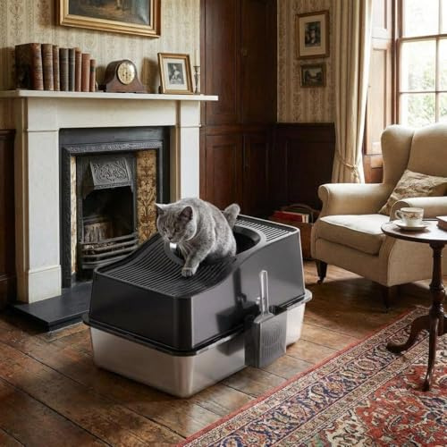 GarveeMore Stainless Steel Cat Litter Tray with Lid, Large Top Entry Enclosed Cat Toilet, High Sided Odour Control & Anti Tracking Cat Litter Box with Scoop & Mat (Black, 15cm Base)