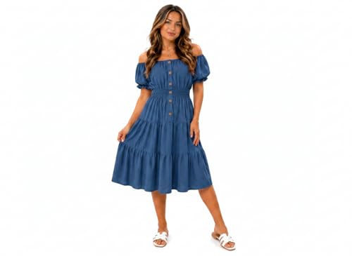 Women's Off Shoulder Midi Dress Summer Smocked Waist Button Front Tiered Swing Dress Short Puff Sleeve Casual Holiday Dress One Size (12- 30) (UK, Numeric, 12, 30, Regular, Regular, Denim Blue)