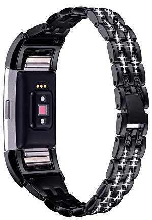 Bandmax Armband kompatibel für Fitbit Charge 2, schwarz plattiert Metall Gliederarmband mit Strass Uhrenarmband Ersatzarmband Watch Band für Fitbit Charge 2, Schwarz